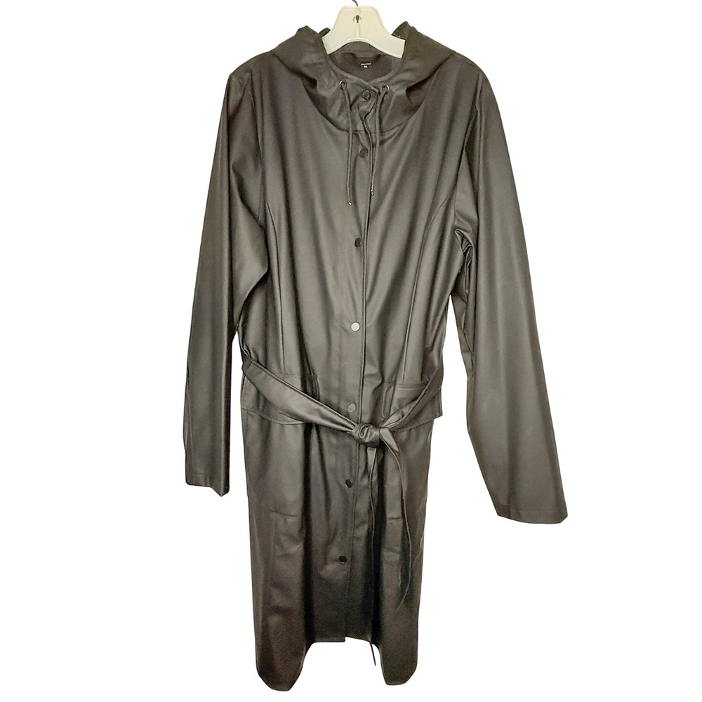 RAINS Curve Long Jacket Women's XL Black Waterproof Belted Raincoat